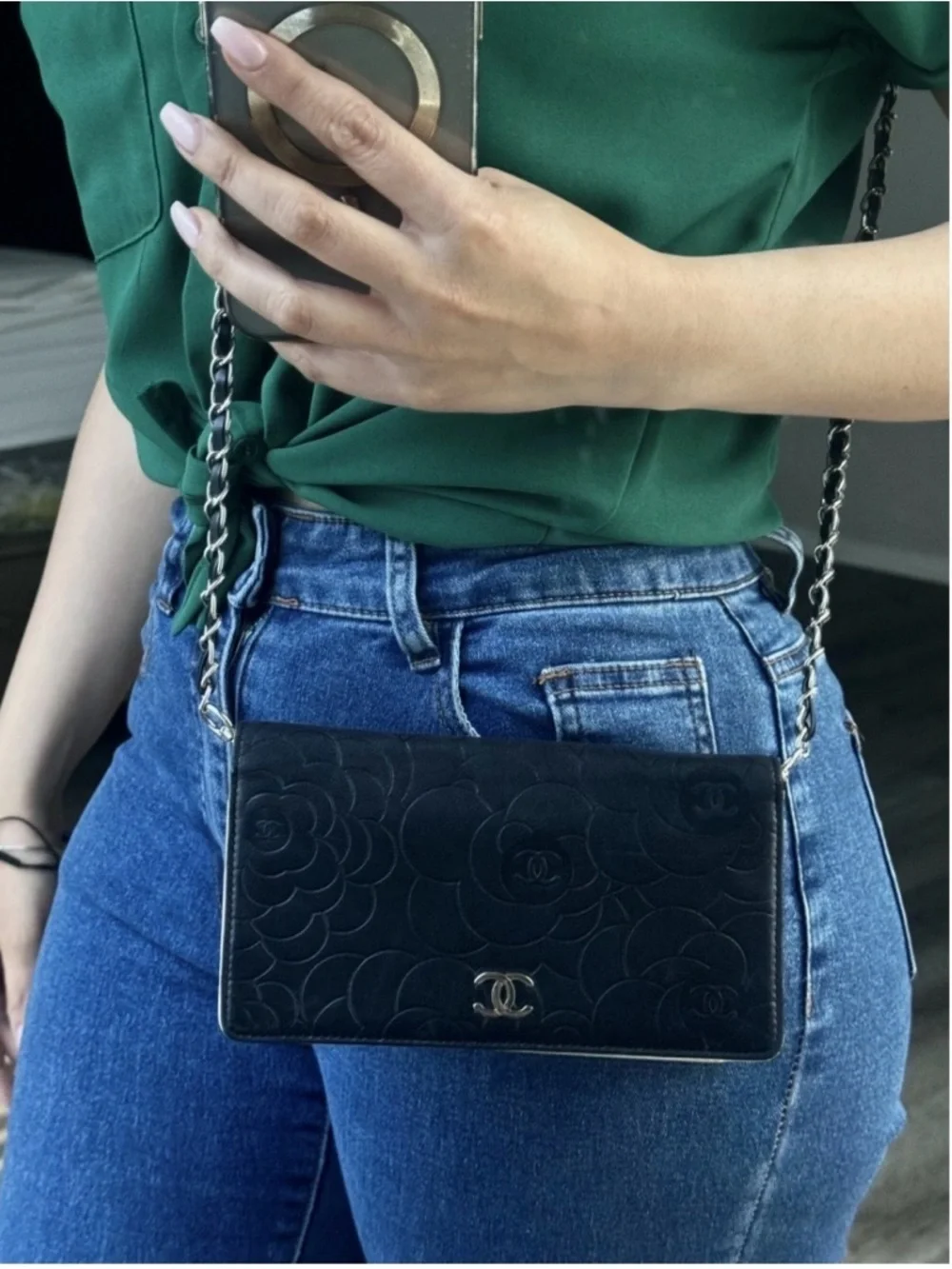 Authentic CHANEL Black Camellia Quilted Leather Shoulder Bag with Chain Strap